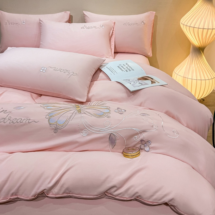 91家纺网 家纺一手货源 找家纺 七七家纺 2026新款加厚精工刺绣四件套-蝶舞 蝶舞-粉玉