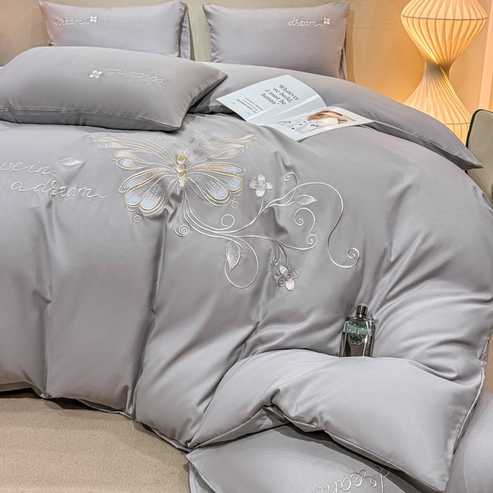 91家纺网 家纺一手货源 找家纺 七七家纺 2026新款加厚精工刺绣四件套-蝶舞 蝶舞-银灰