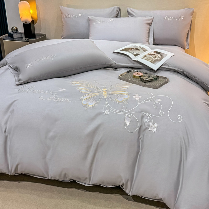 91家纺网 家纺一手货源 找家纺 七七家纺 2026新款加厚精工刺绣四件套-蝶舞 蝶舞-银灰