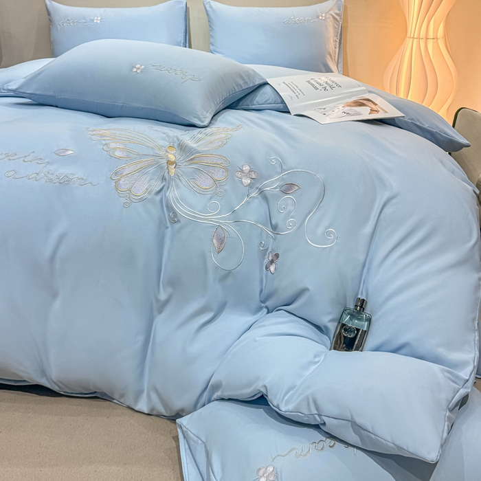 91家纺网 家纺一手货源 找家纺 七七家纺 2026新款加厚精工刺绣四件套-蝶舞 蝶舞-天蓝