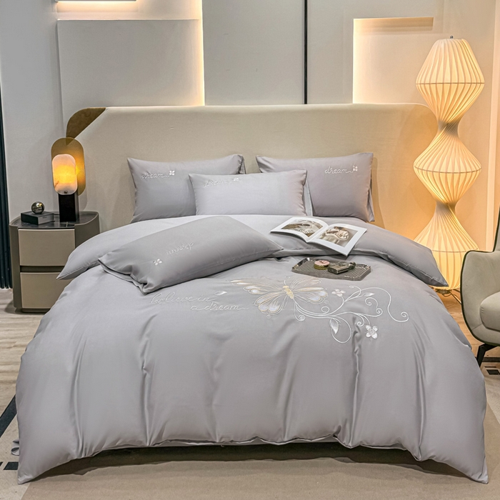 91家纺网 家纺一手货源 找家纺 七七家纺 2026新款加厚精工刺绣四件套-蝶舞 蝶舞-银灰