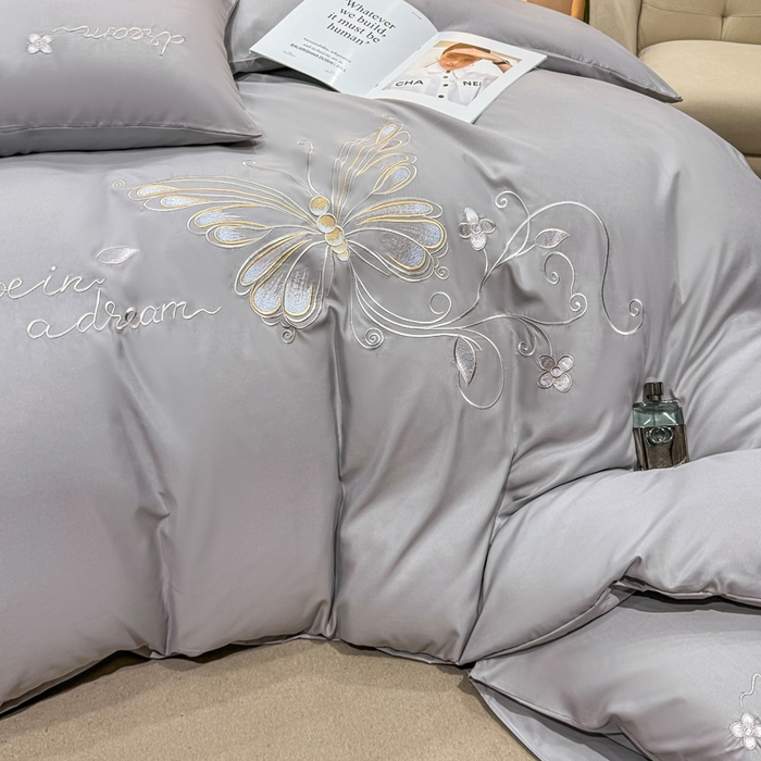 91家纺网 家纺一手货源 找家纺 七七家纺 2026新款加厚精工刺绣四件套-蝶舞 蝶舞-银灰