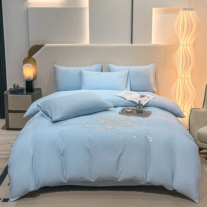 91家纺网 家纺一手货源 找家纺 七七家纺 2026新款加厚精工刺绣四件套-蝶舞 蝶舞-天蓝