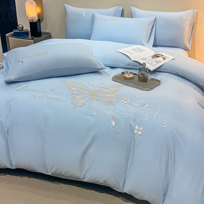 91家纺网 家纺一手货源 找家纺 七七家纺 2026新款加厚精工刺绣四件套-蝶舞 蝶舞-天蓝
