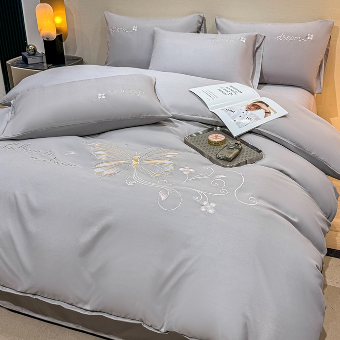 91家纺网 家纺一手货源 找家纺 七七家纺 2026新款加厚精工刺绣四件套-蝶舞 蝶舞-银灰