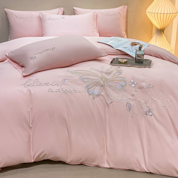 91家纺网 家纺一手货源 找家纺 七七家纺 2026新款加厚精工刺绣四件套-蝶舞 蝶舞-粉玉