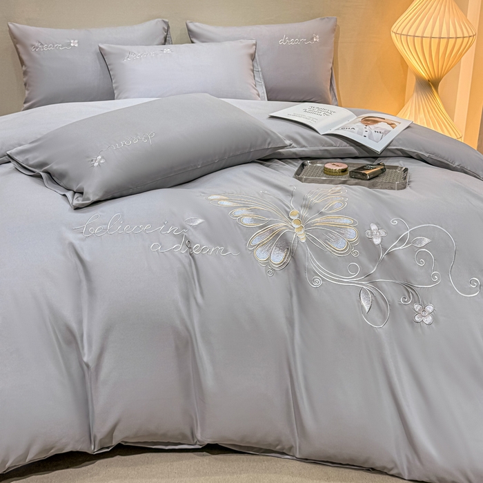 91家纺网 家纺一手货源 找家纺 七七家纺 2026新款加厚精工刺绣四件套-蝶舞 蝶舞-银灰