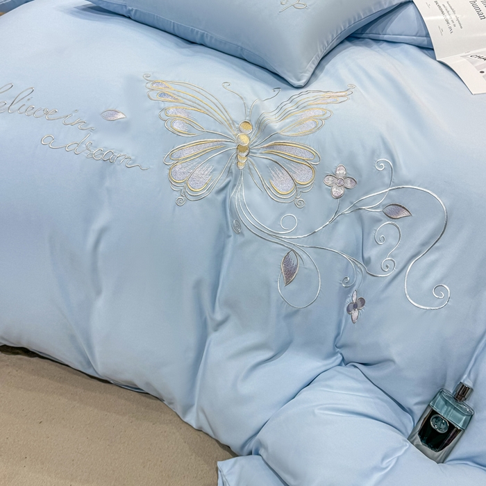 91家纺网 家纺一手货源 找家纺 七七家纺 2026新款加厚精工刺绣四件套-蝶舞 蝶舞-天蓝