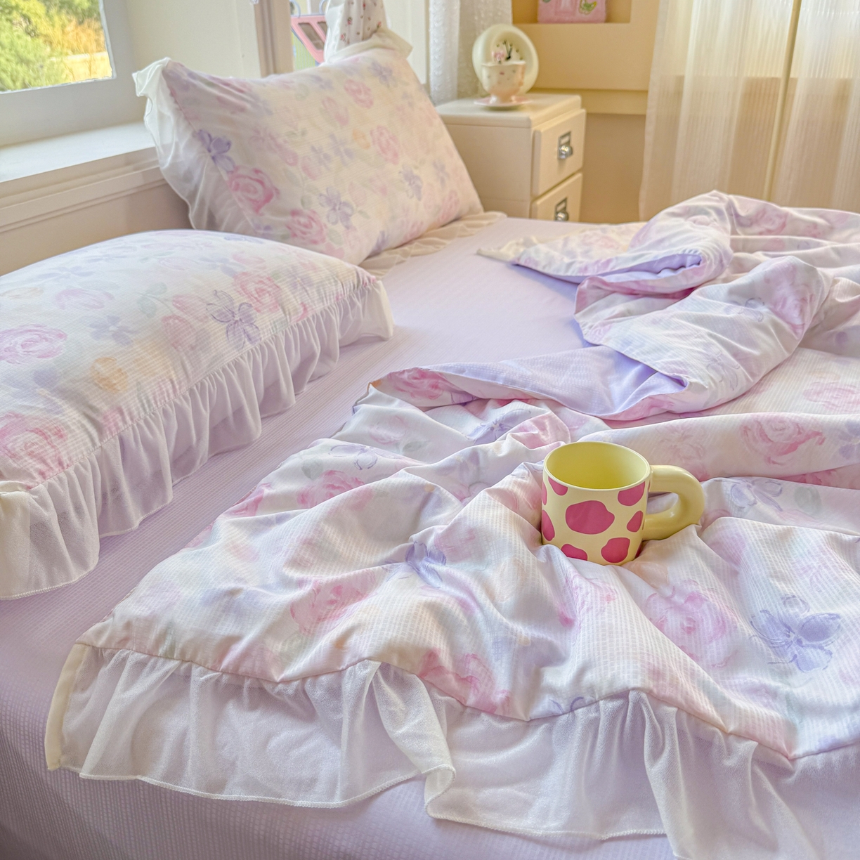 91家纺网 家纺一手货源 找家纺 赛丽雅 2026新款美人纱法式花边夏被四件套凉感冰丝提花单双人夏被系列夏凉被空调被 恬梦