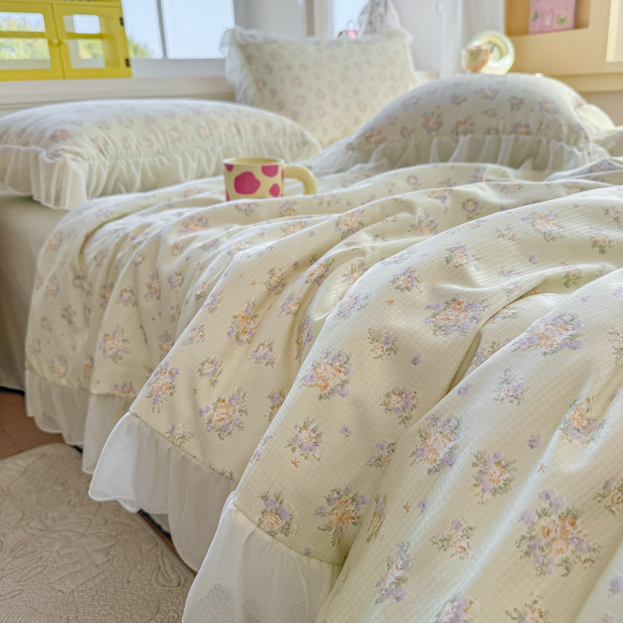 91家纺网 家纺一手货源 找家纺 赛丽雅 2026新款美人纱法式花边夏被四件套凉感冰丝提花单双人夏被系列夏凉被空调被 柠绿