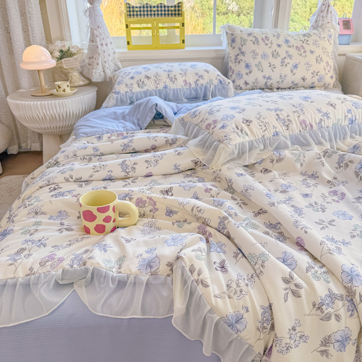 91家纺网 家纺一手货源 找家纺 赛丽雅 2026新款美人纱法式花边夏被四件套凉感冰丝提花单双人夏被系列夏凉被空调被 春也