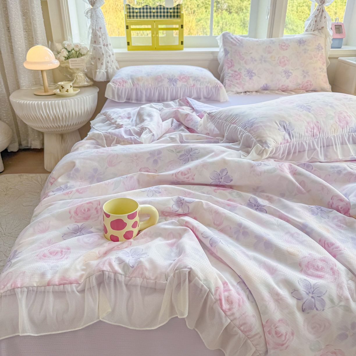 91家纺网 家纺一手货源 找家纺 赛丽雅 2026新款美人纱法式花边夏被四件套凉感冰丝提花单双人夏被系列夏凉被空调被 恬梦