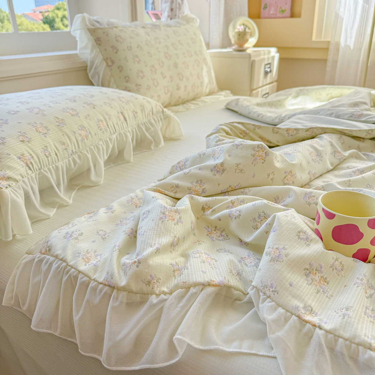 91家纺网 家纺一手货源 找家纺 赛丽雅 2026新款美人纱法式花边夏被四件套凉感冰丝提花单双人夏被系列夏凉被空调被 柠绿