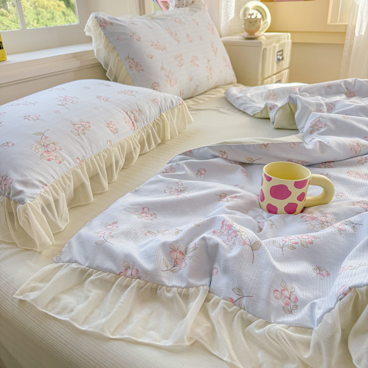 91家纺网 家纺一手货源 找家纺 赛丽雅 2026新款美人纱法式花边夏被四件套凉感冰丝提花单双人夏被系列夏凉被空调被 朵朵