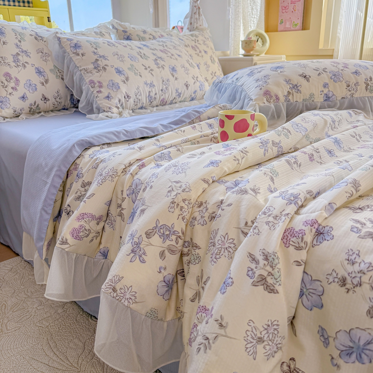 91家纺网 家纺一手货源 找家纺 赛丽雅 2026新款美人纱法式花边夏被四件套凉感冰丝提花单双人夏被系列夏凉被空调被 春也