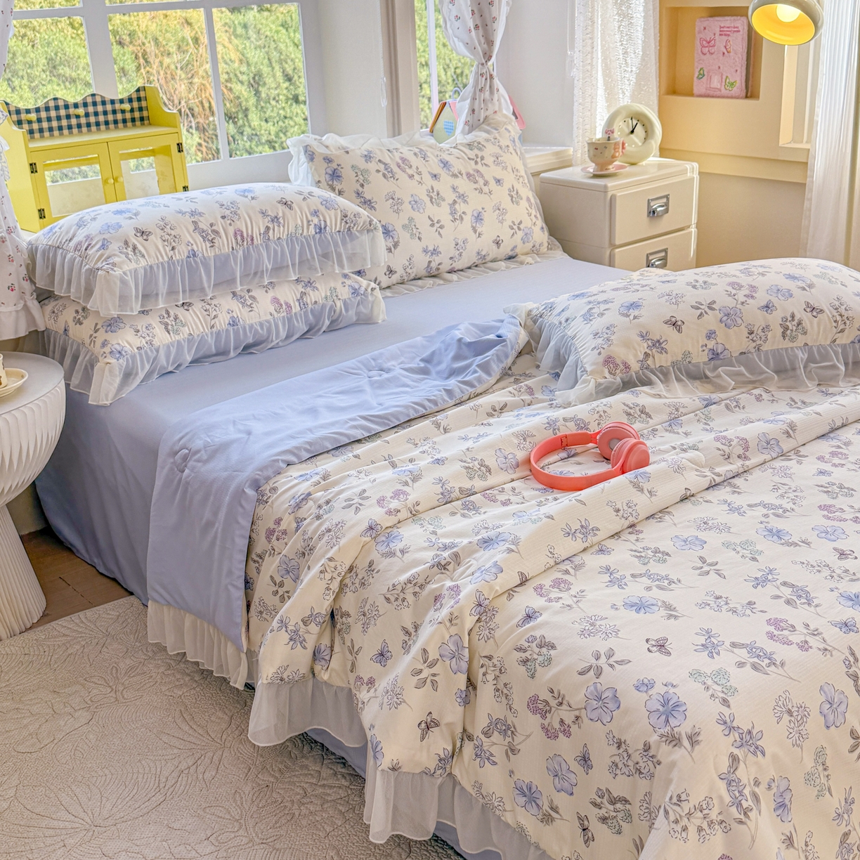 91家纺网 家纺一手货源 找家纺 赛丽雅 2026新款美人纱法式花边夏被四件套凉感冰丝提花单双人夏被系列夏凉被空调被 春也