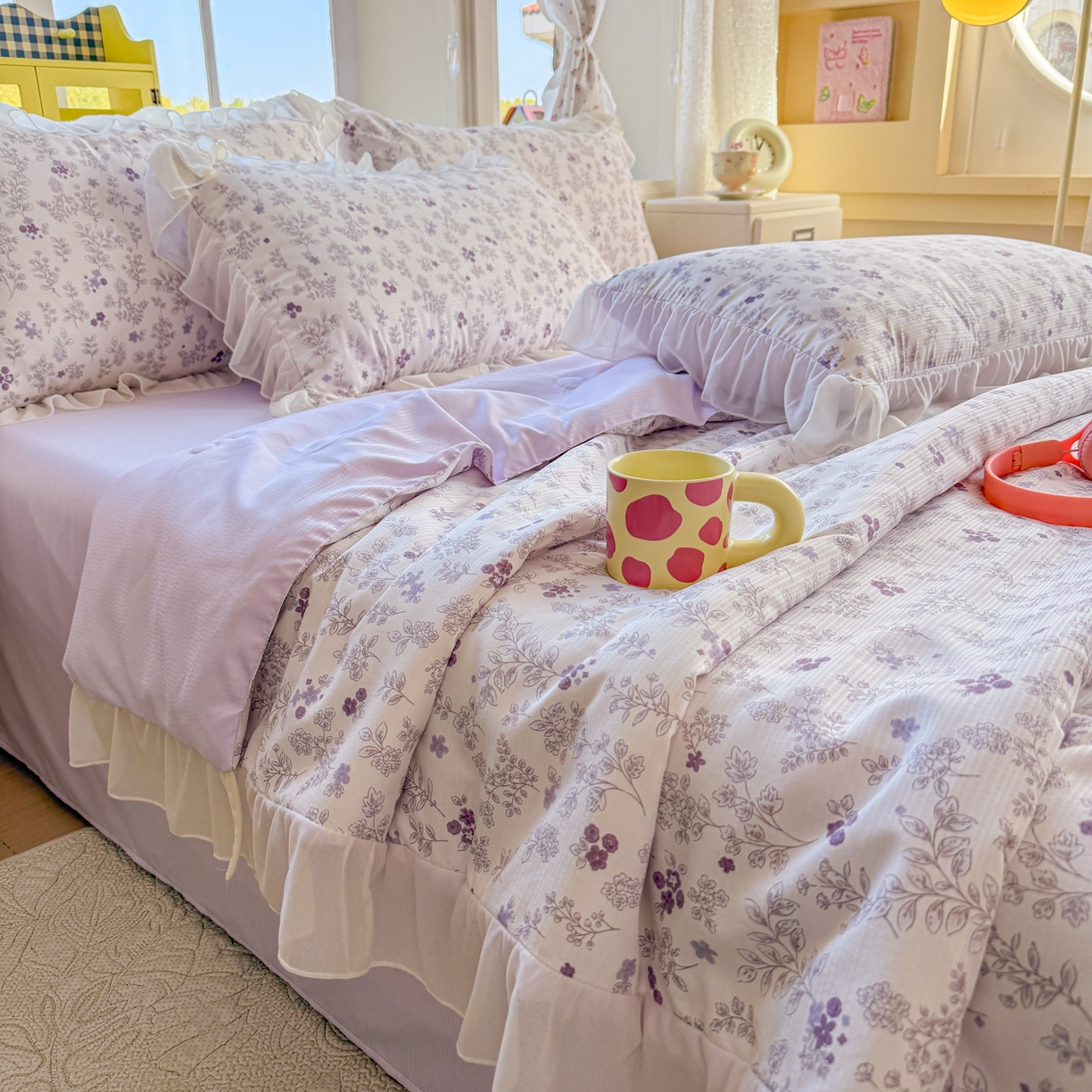 91家纺网 家纺一手货源 找家纺 赛丽雅 2026新款美人纱法式花边夏被四件套凉感冰丝提花单双人夏被系列夏凉被空调被 紫影