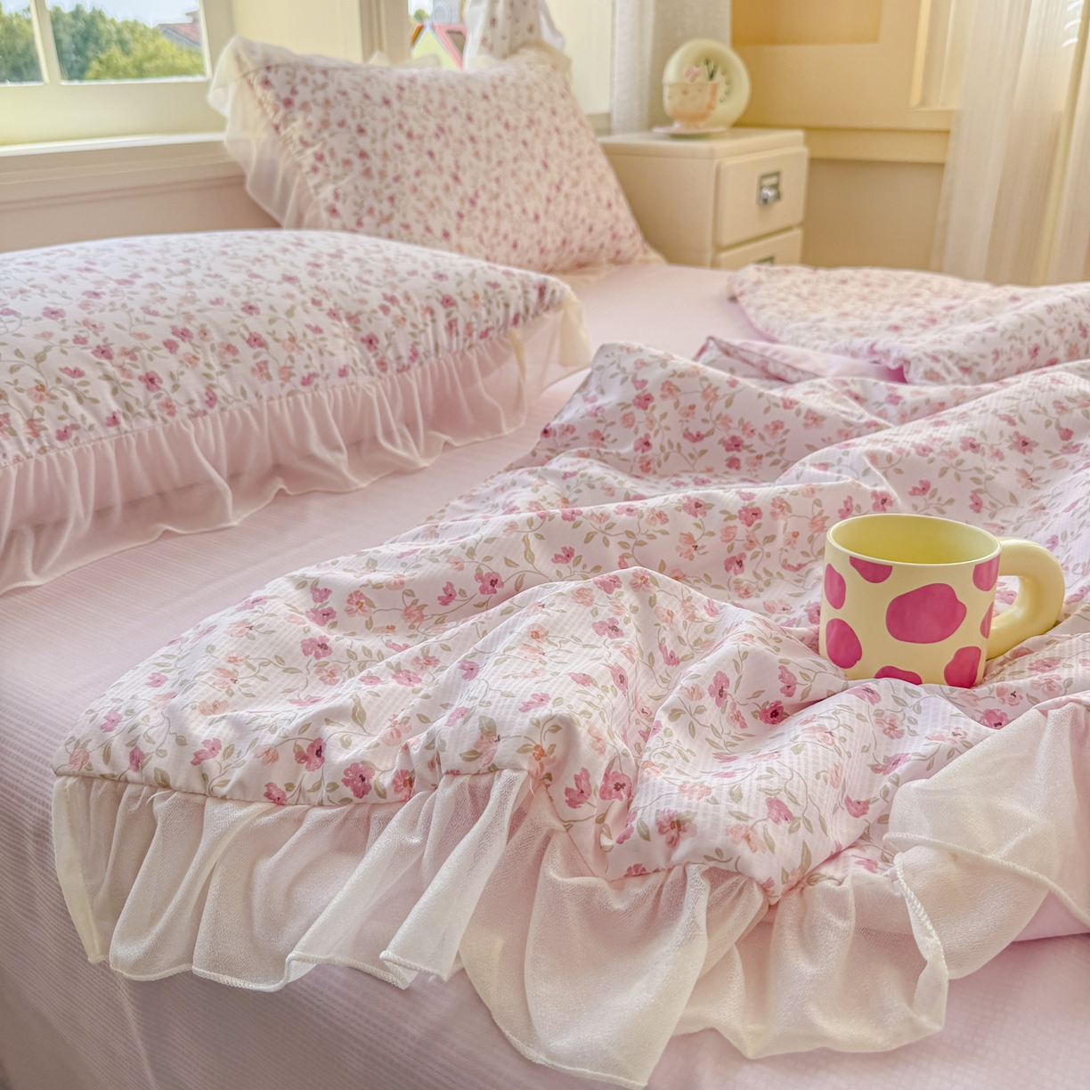 91家纺网 家纺一手货源 找家纺 赛丽雅 2026新款美人纱法式花边夏被四件套凉感冰丝提花单双人夏被系列夏凉被空调被 花楹