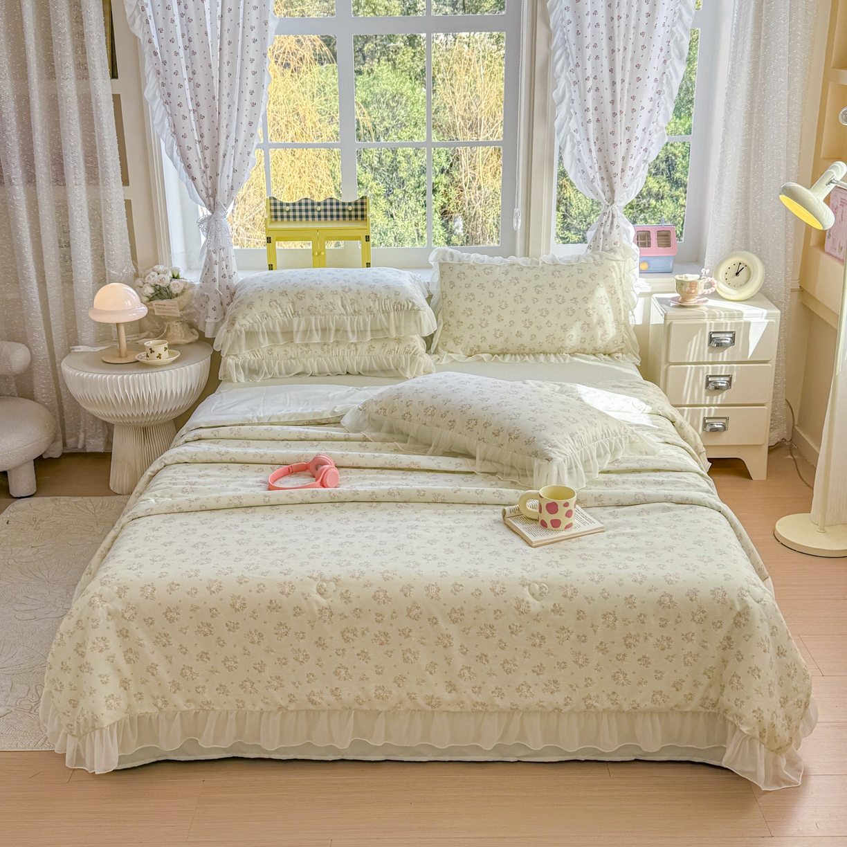 91家纺网 家纺一手货源 找家纺 赛丽雅 2026新款美人纱法式花边夏被四件套凉感冰丝提花单双人夏被系列夏凉被空调被 柠绿