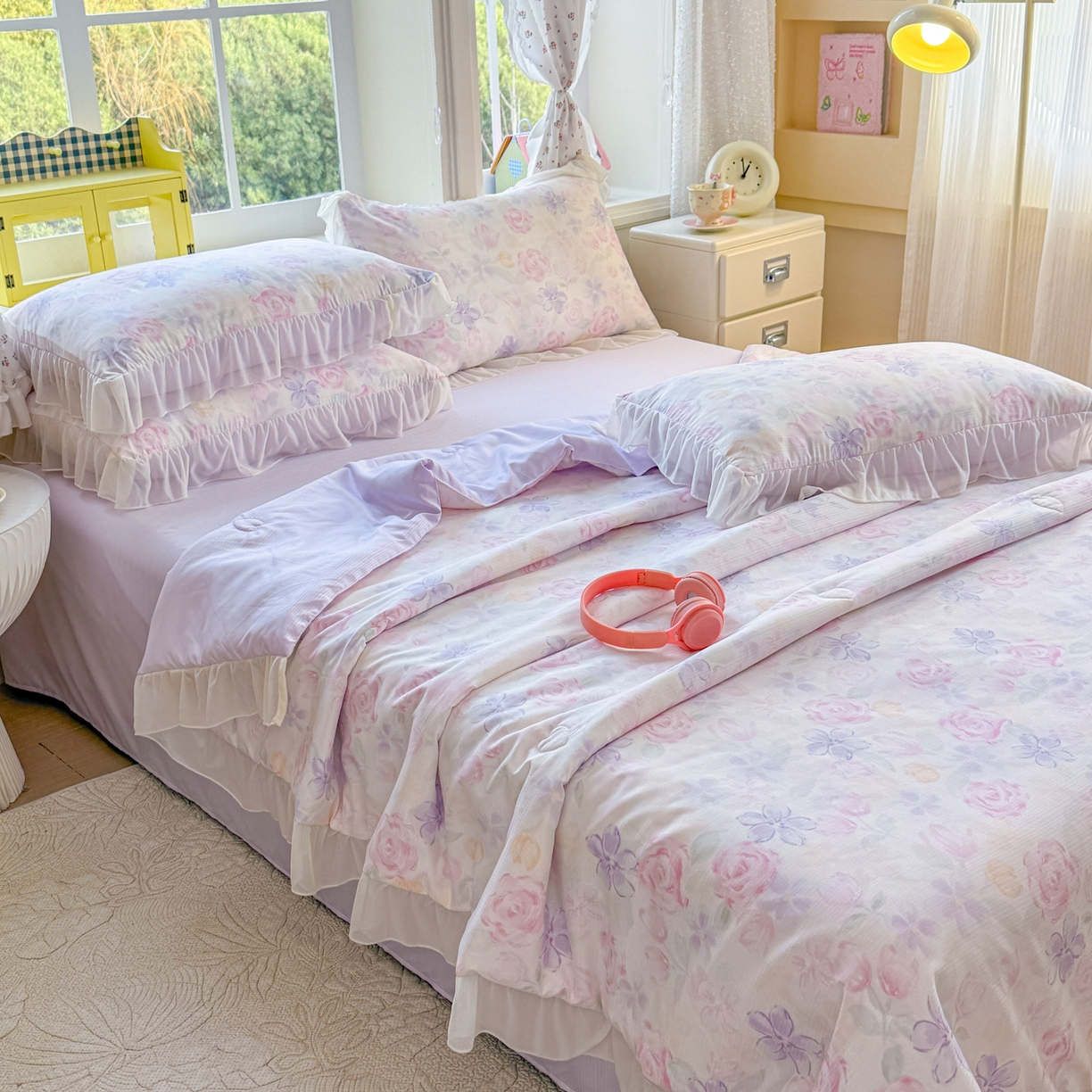 91家纺网 家纺一手货源 找家纺 赛丽雅 2026新款美人纱法式花边夏被四件套凉感冰丝提花单双人夏被系列夏凉被空调被 恬梦