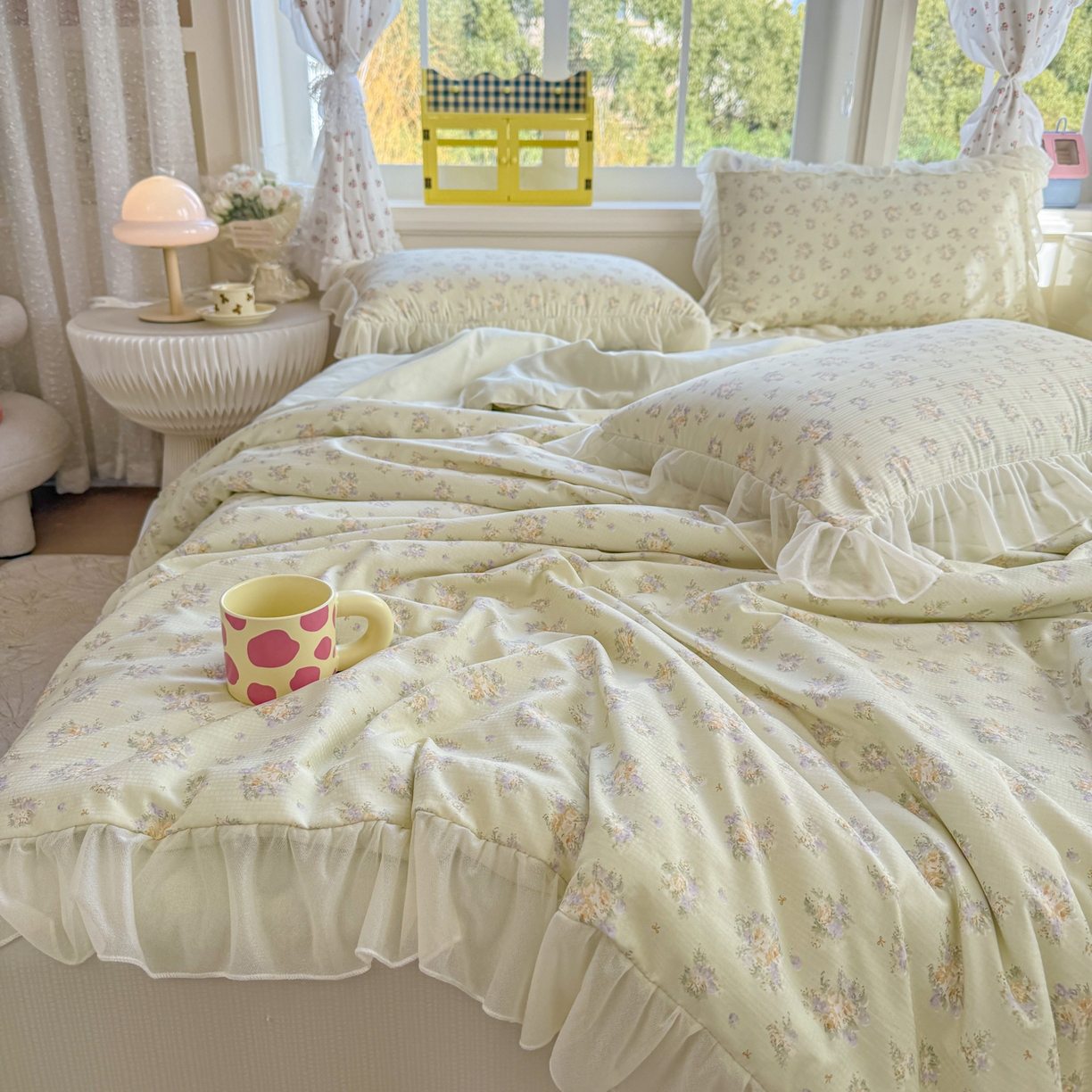 91家纺网 家纺一手货源 找家纺 赛丽雅 2026新款美人纱法式花边夏被四件套凉感冰丝提花单双人夏被系列夏凉被空调被 柠绿