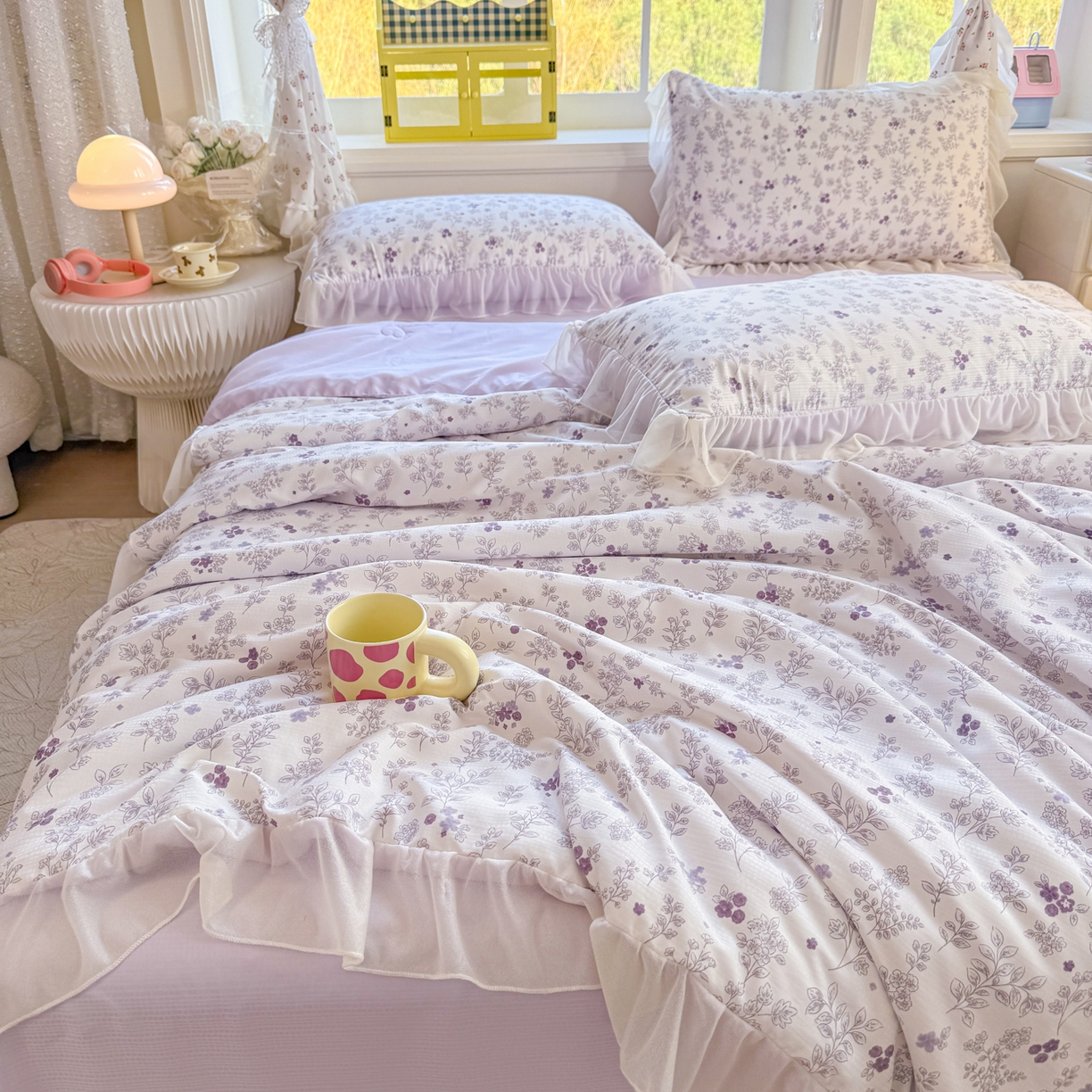 91家纺网 家纺一手货源 找家纺 赛丽雅 2026新款美人纱法式花边夏被四件套凉感冰丝提花单双人夏被系列夏凉被空调被 紫影