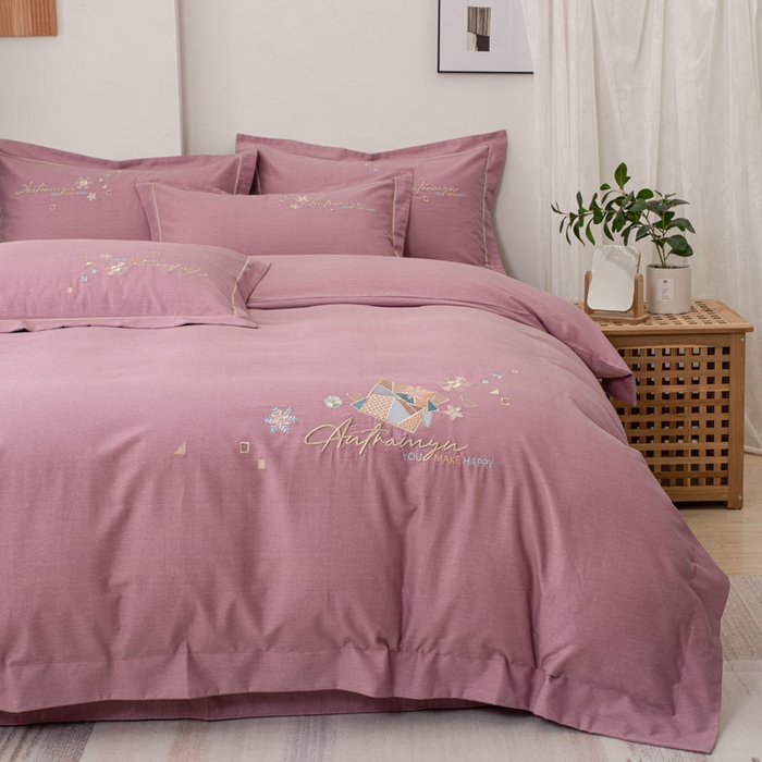 缘舒家纺 2025新款全棉加厚工艺款绣花磨毛四件套 雪国春语-桃紫