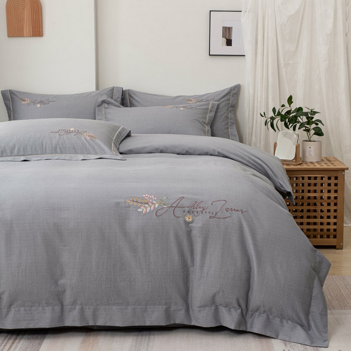 缘舒家纺 2025新款全棉加厚工艺款绣花磨毛四件套 自由格调-银灰