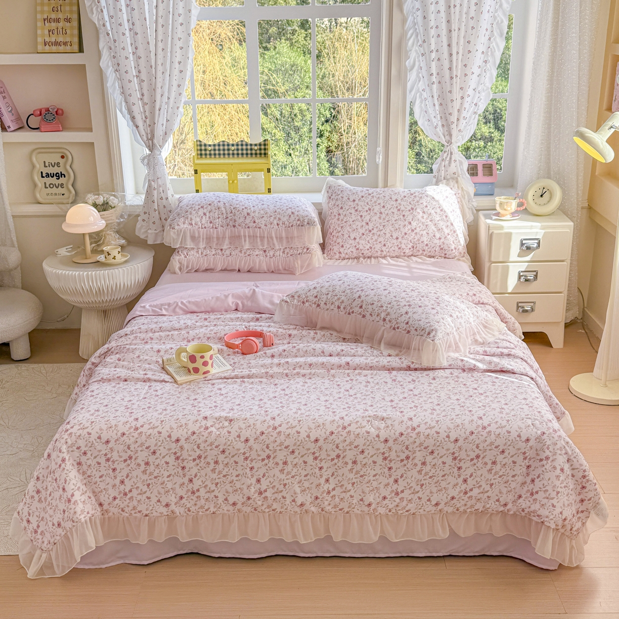 91家纺网 家纺一手货源 找家纺 赛丽雅 2026新款美人纱法式花边夏被四件套凉感冰丝提花单双人夏被系列夏凉被空调被 花楹