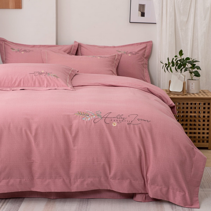 缘舒家纺 2025新款全棉加厚工艺款绣花磨毛四件套 自由格调-豆沙