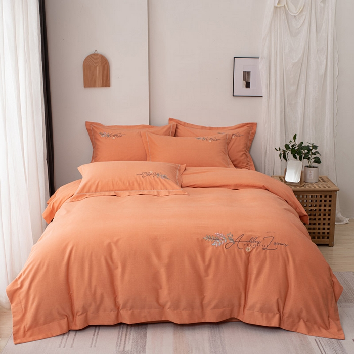 91家纺网 家纺一手货源 找家纺 缘舒家纺 2025新款全棉加厚工艺款绣花磨毛四件套 自由格调-橘色