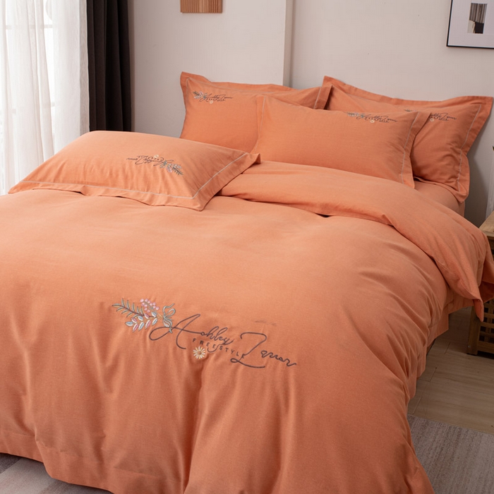 91家纺网 家纺一手货源 找家纺 缘舒家纺 2025新款全棉加厚工艺款绣花磨毛四件套 自由格调-橘色