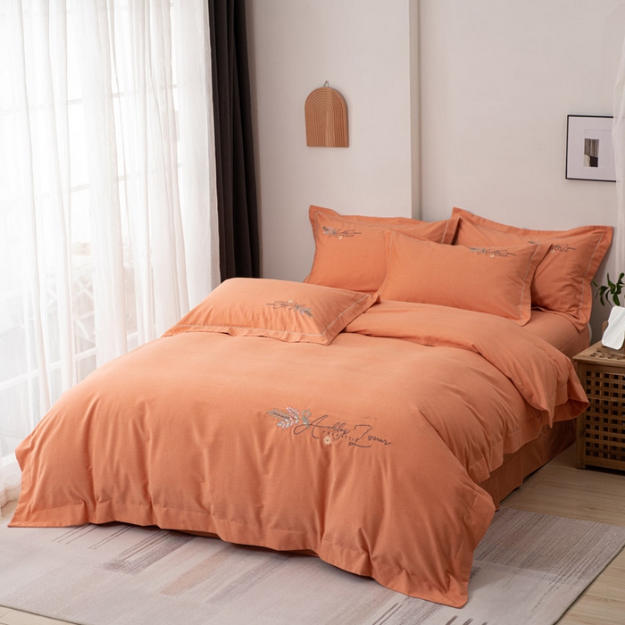 91家纺网 家纺一手货源 找家纺 缘舒家纺 2025新款全棉加厚工艺款绣花磨毛四件套 自由格调-橘色