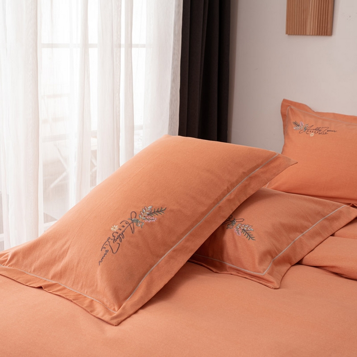 91家纺网 家纺一手货源 找家纺 缘舒家纺 2025新款全棉加厚工艺款绣花磨毛四件套 自由格调-橘色