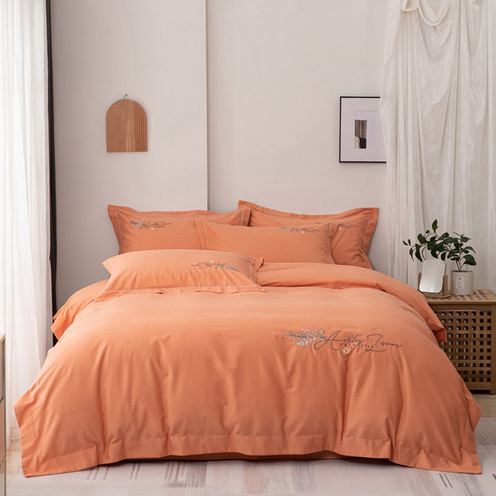 91家纺网 家纺一手货源 找家纺 缘舒家纺 2025新款全棉加厚工艺款绣花磨毛四件套 自由格调-橘色