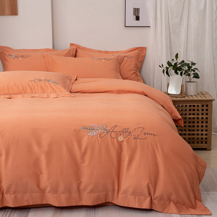 缘舒家纺 2025新款全棉加厚工艺款绣花磨毛四件套 自由格调-橘色