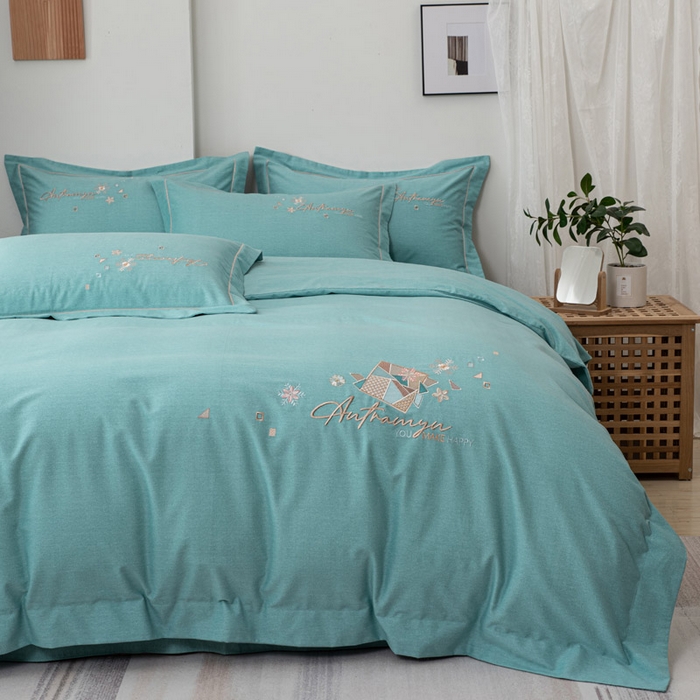 缘舒家纺 2025新款全棉加厚工艺款绣花磨毛四件套 雪国春语-浅绿