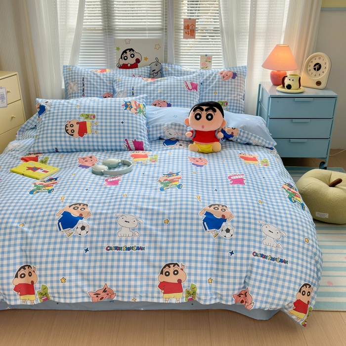 91家纺网 家纺一手货源 找家纺 曼之夏 2026新款全棉卡通印花四件套系列-蜡笔小新 蓝格小新