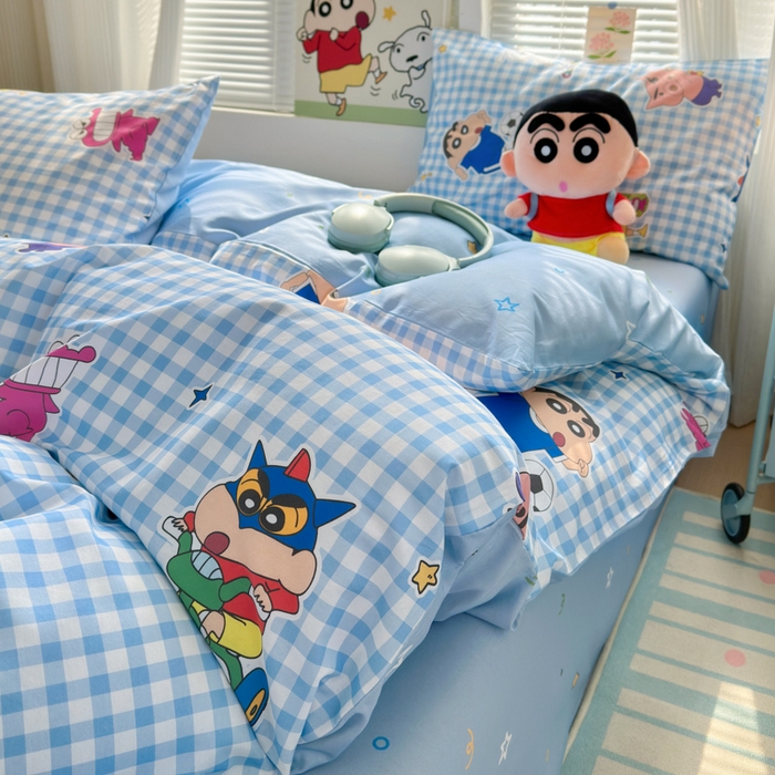 91家纺网 家纺一手货源 找家纺 曼之夏 2026新款全棉卡通印花四件套系列-蜡笔小新 蓝格小新