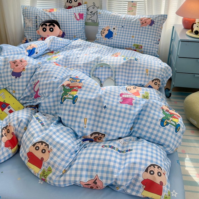 91家纺网 家纺一手货源 找家纺 曼之夏 2026新款全棉卡通印花四件套系列-蜡笔小新 蓝格小新