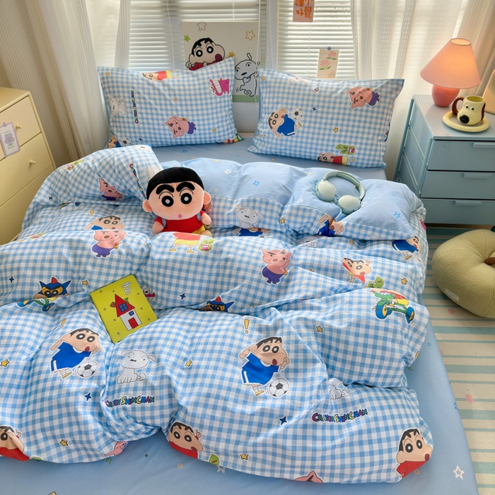 91家纺网 家纺一手货源 找家纺 曼之夏 2026新款全棉卡通印花四件套系列-蜡笔小新 蓝格小新