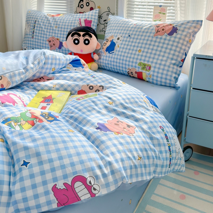 91家纺网 家纺一手货源 找家纺 曼之夏 2026新款全棉卡通印花四件套系列-蜡笔小新 蓝格小新