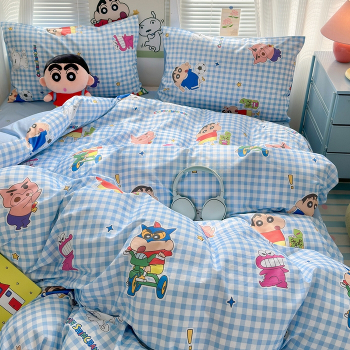 91家纺网 家纺一手货源 找家纺 曼之夏 2026新款全棉卡通印花四件套系列-蜡笔小新 蓝格小新