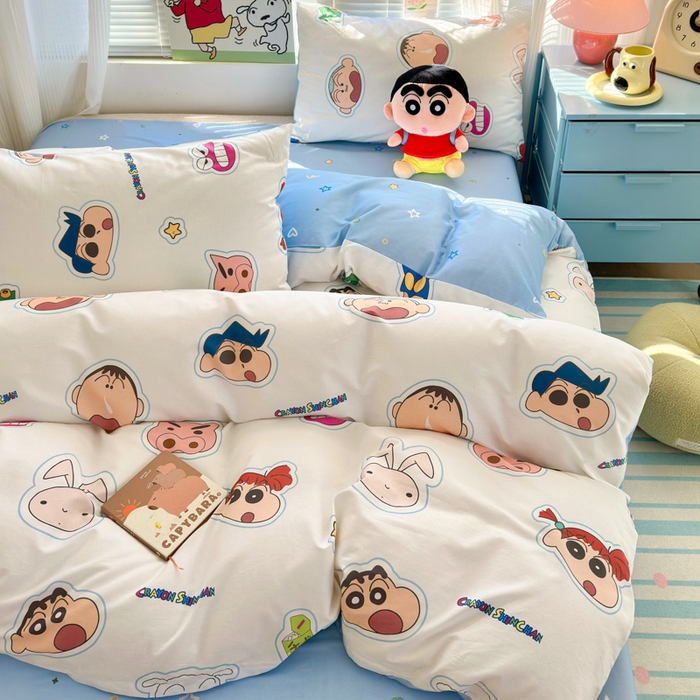 91家纺网 家纺一手货源 找家纺 曼之夏 2026新款全棉卡通印花四件套系列-蜡笔小新 趣味小新
