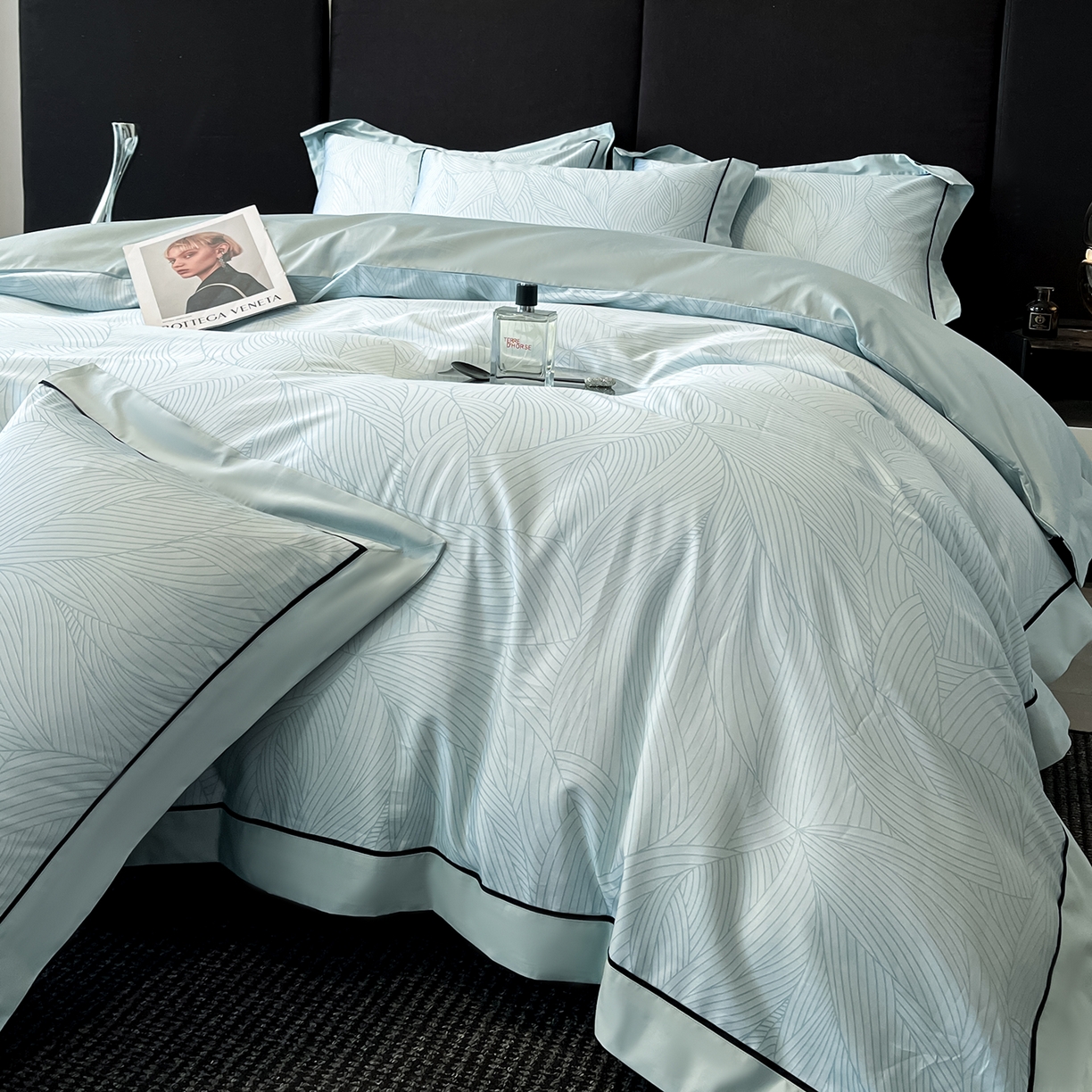 91家纺网 家纺一手货源 找家纺 置顶家纺 2026新款亲肤数码印花拼角四件套凌枫 凌枫-月影蓝