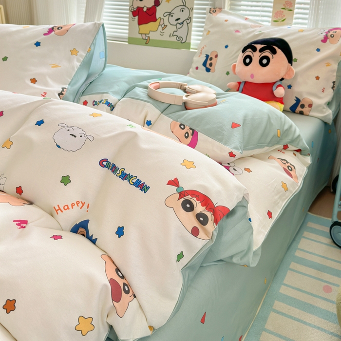 91家纺网 家纺一手货源 找家纺 曼之夏 2026新款全棉卡通印花四件套系列-蜡笔小新 小新派对