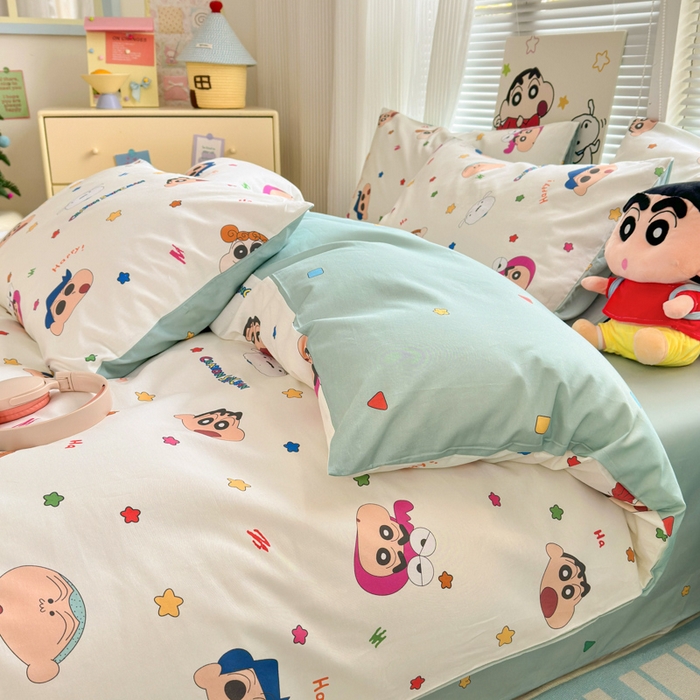 91家纺网 家纺一手货源 找家纺 曼之夏 2026新款全棉卡通印花四件套系列-蜡笔小新 小新派对