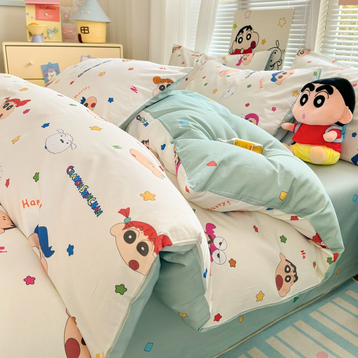 91家纺网 家纺一手货源 找家纺 曼之夏 2026新款全棉卡通印花四件套系列-蜡笔小新 小新派对