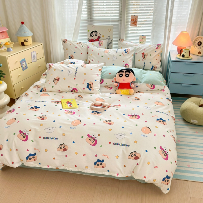91家纺网 家纺一手货源 找家纺 曼之夏 2026新款全棉卡通印花四件套系列-蜡笔小新 小新派对