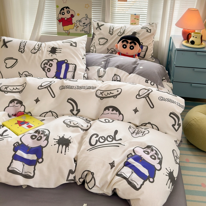 91家纺网 家纺一手货源 找家纺 曼之夏 2026新款全棉卡通印花四件套系列-蜡笔小新 音乐小新